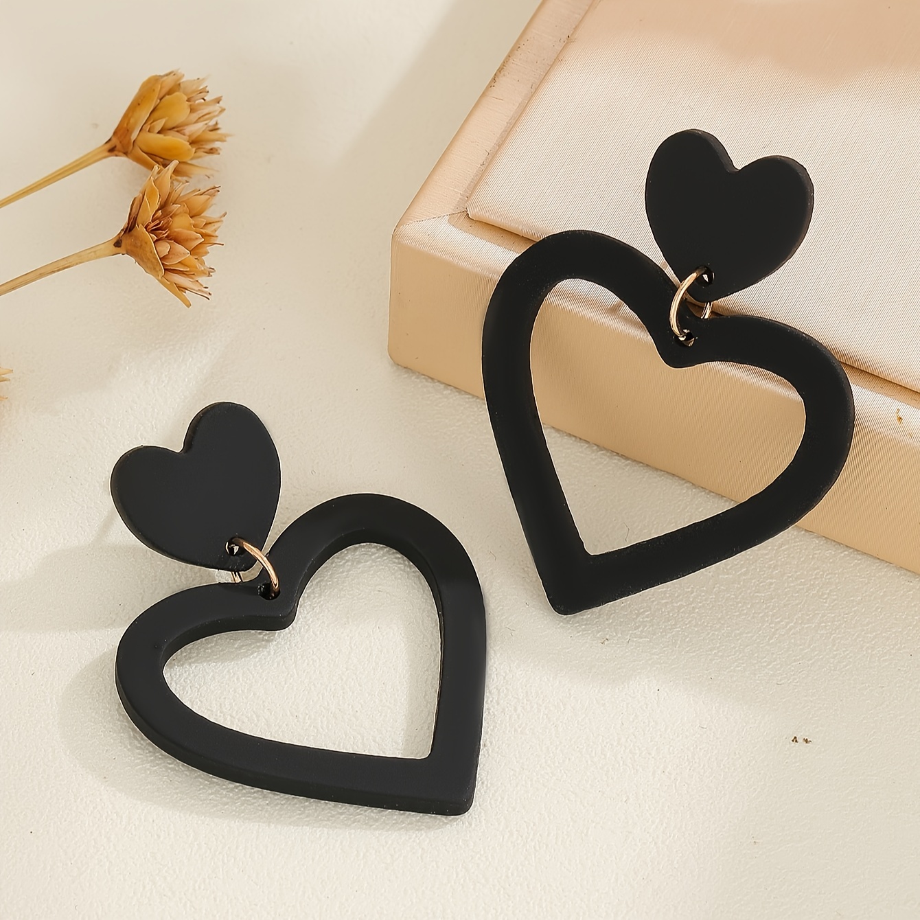 Women's Black Hollow Heart Design Dangle Earrings, Valentine's Gift